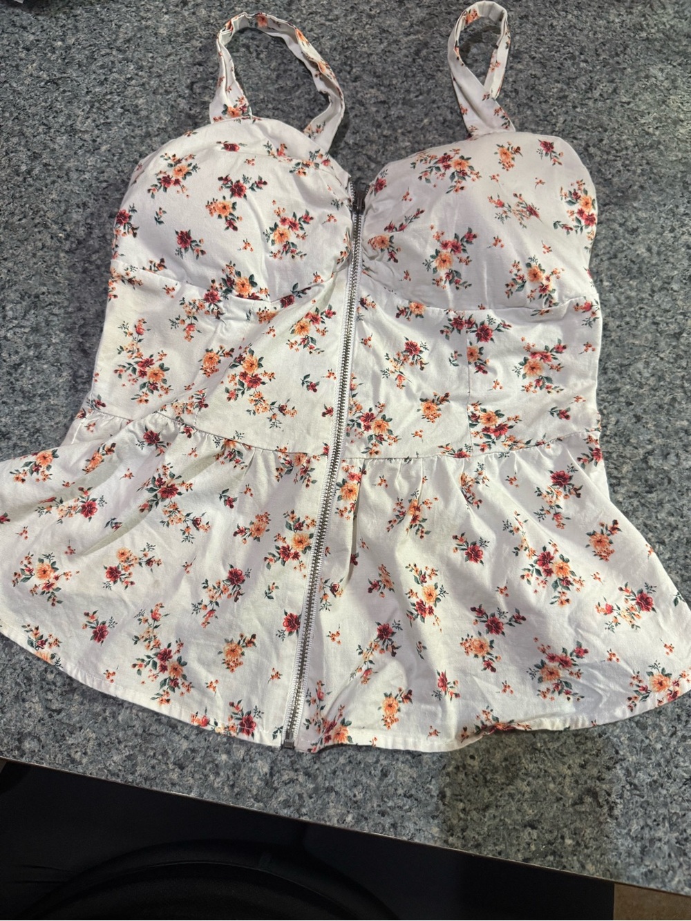 Active USA White Floral Zip-Front Peplum Cami Top